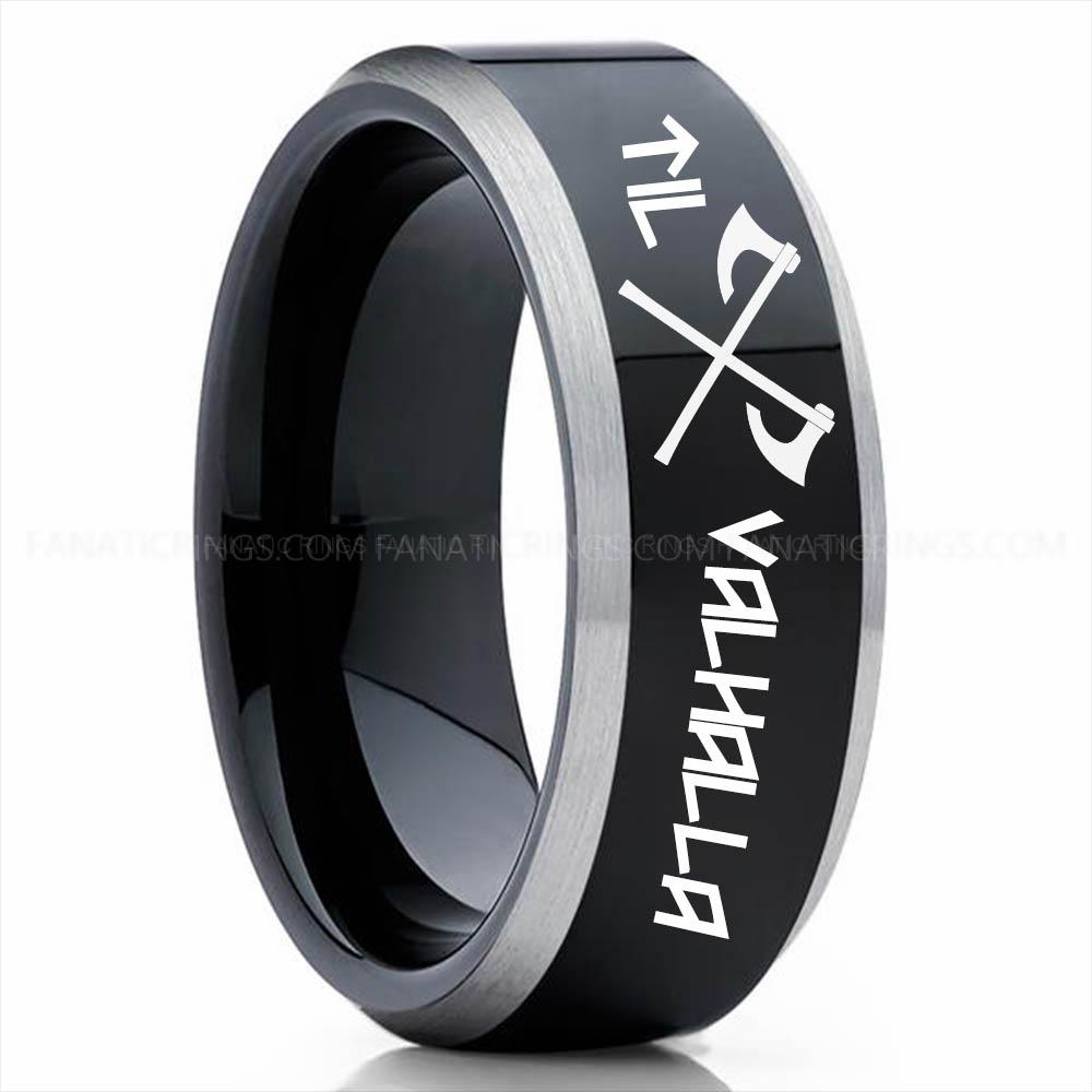 Axe Black Silver Til Valhalla Ring, Viking Ring, Runes Ring, Valknut Ring, Nordic Ring, Norsemen Ring, Nordic Runes Ring, Black Tungsten Band - Image 1