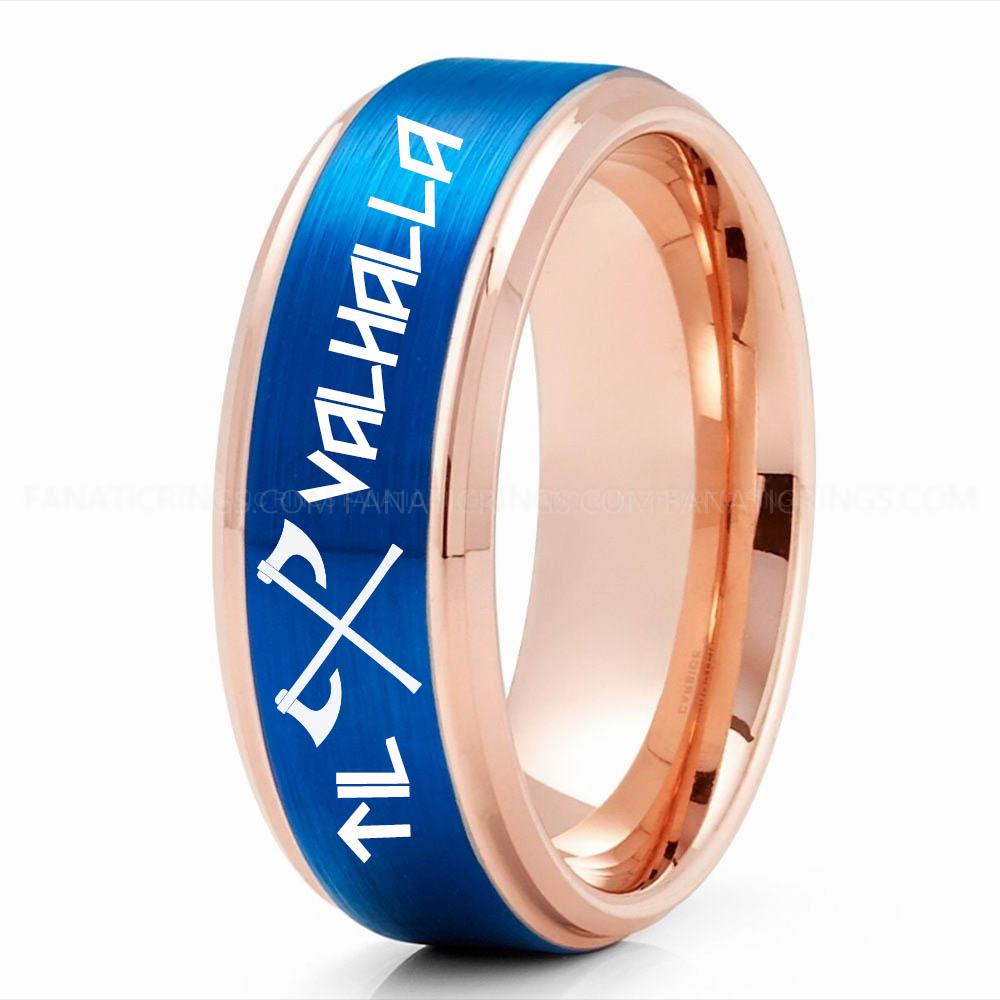 Axe Blue Pink Til Valhalla Ring, Viking Ring, Runes Ring, Valknut Ring, Nordic Ring, Norsemen Ring, Nordic Runes Ring, Rose Gold Tungsten Band - Image 1