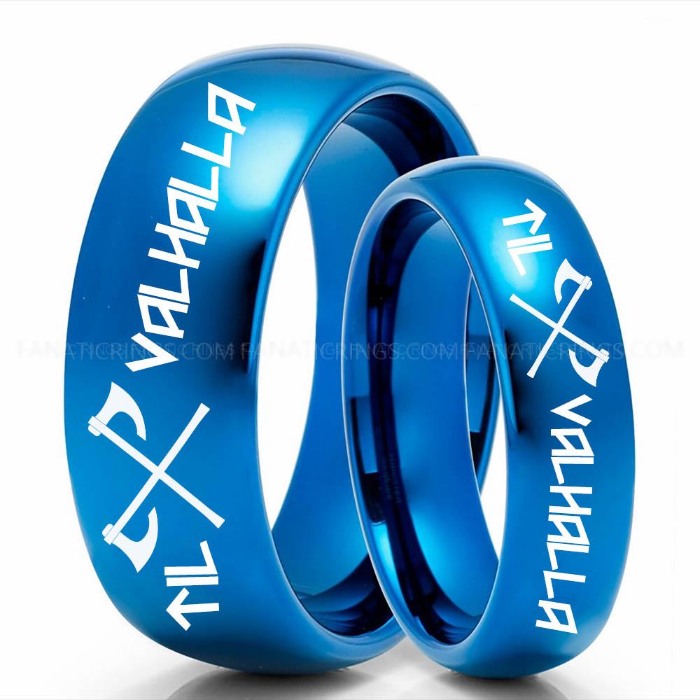Axe Bue Til Valhalla Rings, Viking Rings, Runes Rings, Valknut Rings, Nordic Rings, Norsemen Rings, Nordic Runes Rings, Blue Tungsten Bands - Image 1