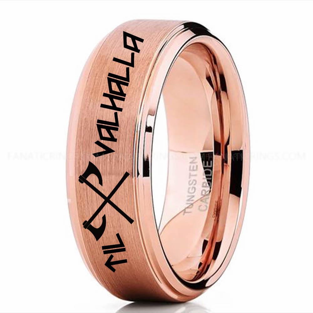 Axe Pink Til Valhalla Ring, Viking Ring, Runes Ring, Valknut Ring, Nordic Ring, Norsemen Ring, Nordic Runes Ring, Rose Gold Tungsten Band - Image 1
