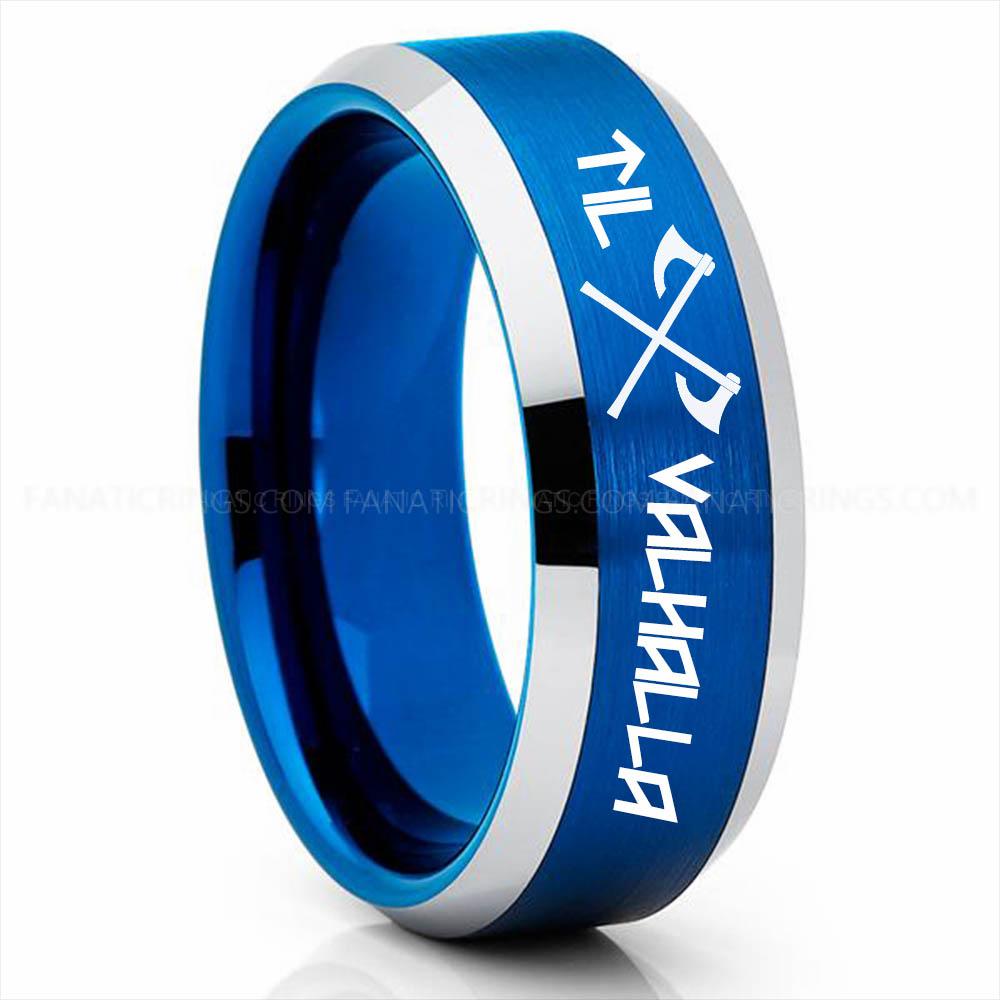 Axe Silver Blue Til Valhalla Ring, Viking Ring, Runes Ring, Valknut Ring, Nordic Ring, Norsemen Ring, Nordic Runes Ring, Blue Tungsten Band - Image 1