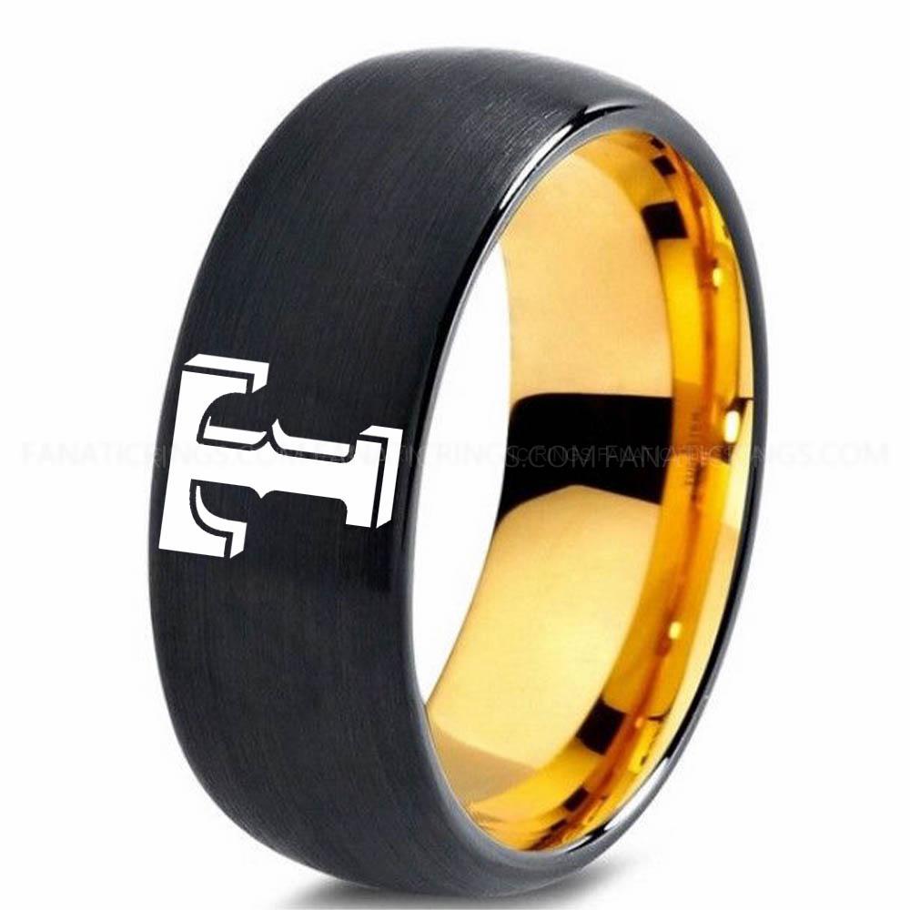 Black Yellow Rangers Rangers Ring, Rangers Wedding Ring, Baseball Wedding Ring, Baseball Ring, Black Wedding Ring, Baseball Wedding Band, Baseball Jewelry - Image 1