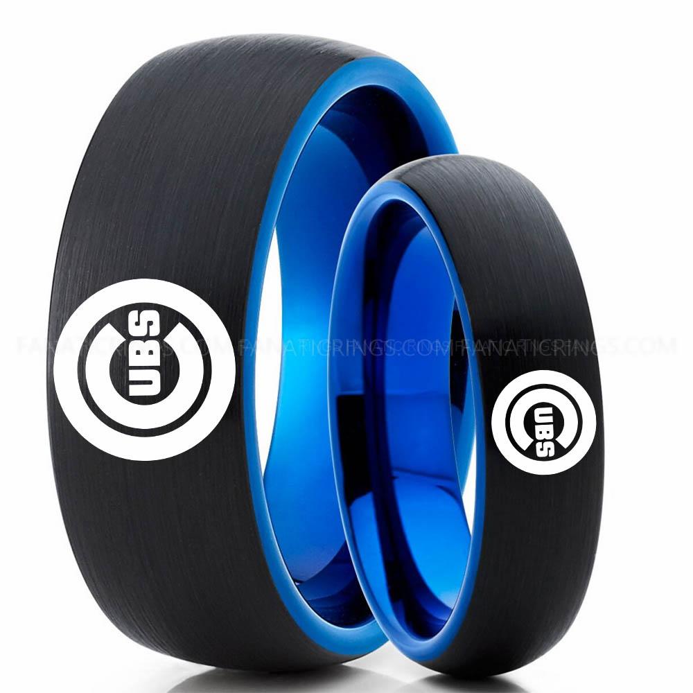 Couple Blue Cubs Cubs Ring, Cubs Wedding Ring, Baseball Wedding Ring, Baseball Ring, Black Wedding Ring, Baseball Wedding Band, Baseball Jewelry - Image 1