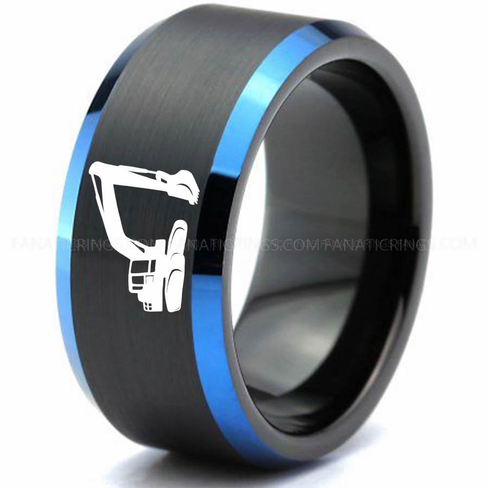 Excavator Black Blue Backhoe Ring, Excavator Ring, Tractor Ring, Construction Machinery Ring, Backhoe Jewelry, Excavation Machinery Ring, Bulldozer Ring - Image 1