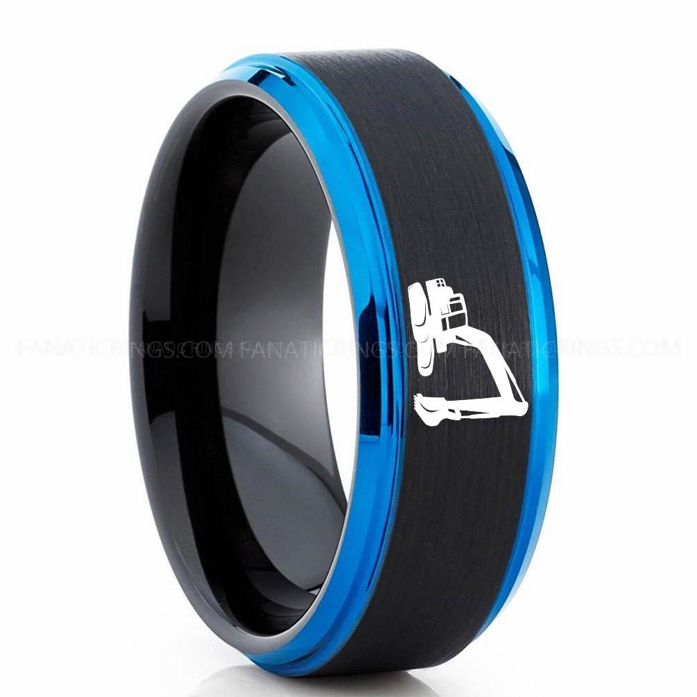 Excavator Blue Black Backhoe Ring, Excavator Ring, Tractor Ring, Construction Machinery Ring, Backhoe Jewelry, Excavation Machinery Ring, Bulldozer Ring - Image 1