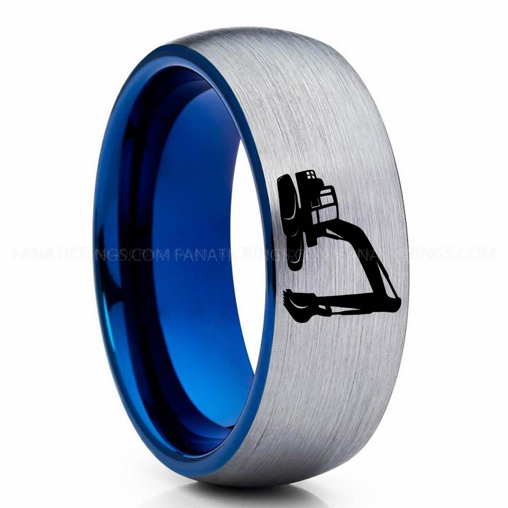 Excavator Silver Blue Backhoe Ring, Excavator Ring, Tractor Ring, Construction Machinery Ring, Backhoe Jewelry, Excavation Machinery Ring, Bulldozer Ring - Image 1