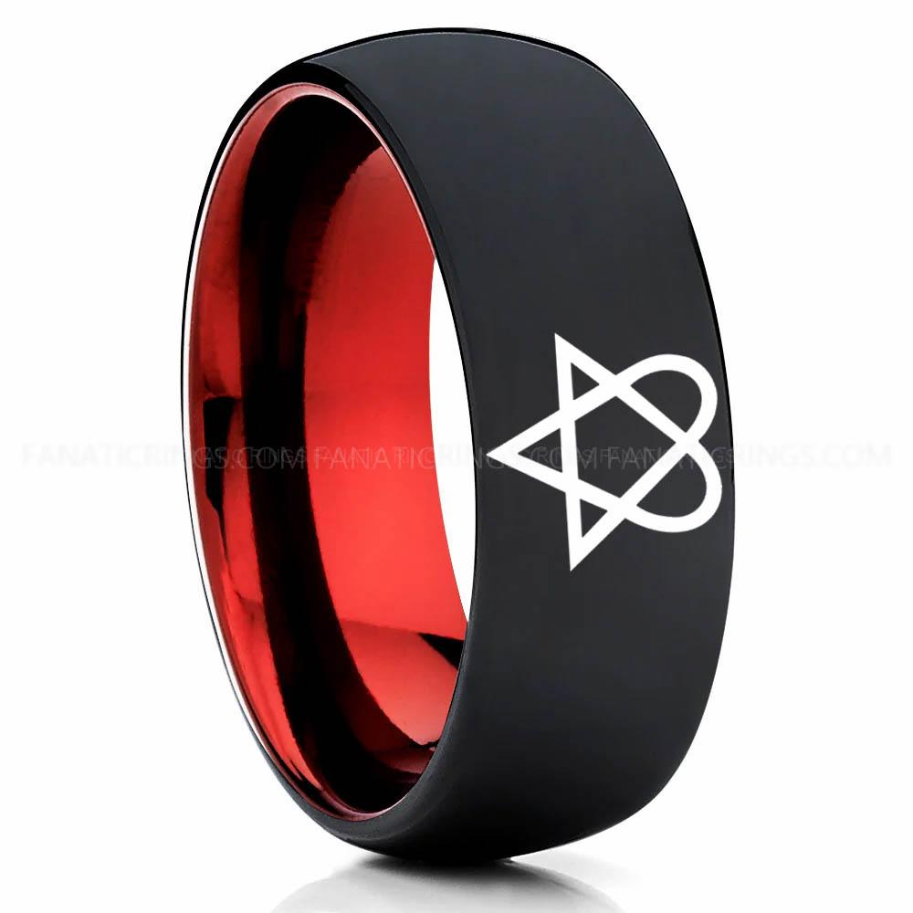 Heartagram Black Red Heartagram Ring, HIM Ring, HIM Jewelry, Heartagram Wedding Ring, Black Wedding Ring, Heartagram Wedding Band, ECG Ring - Image 1