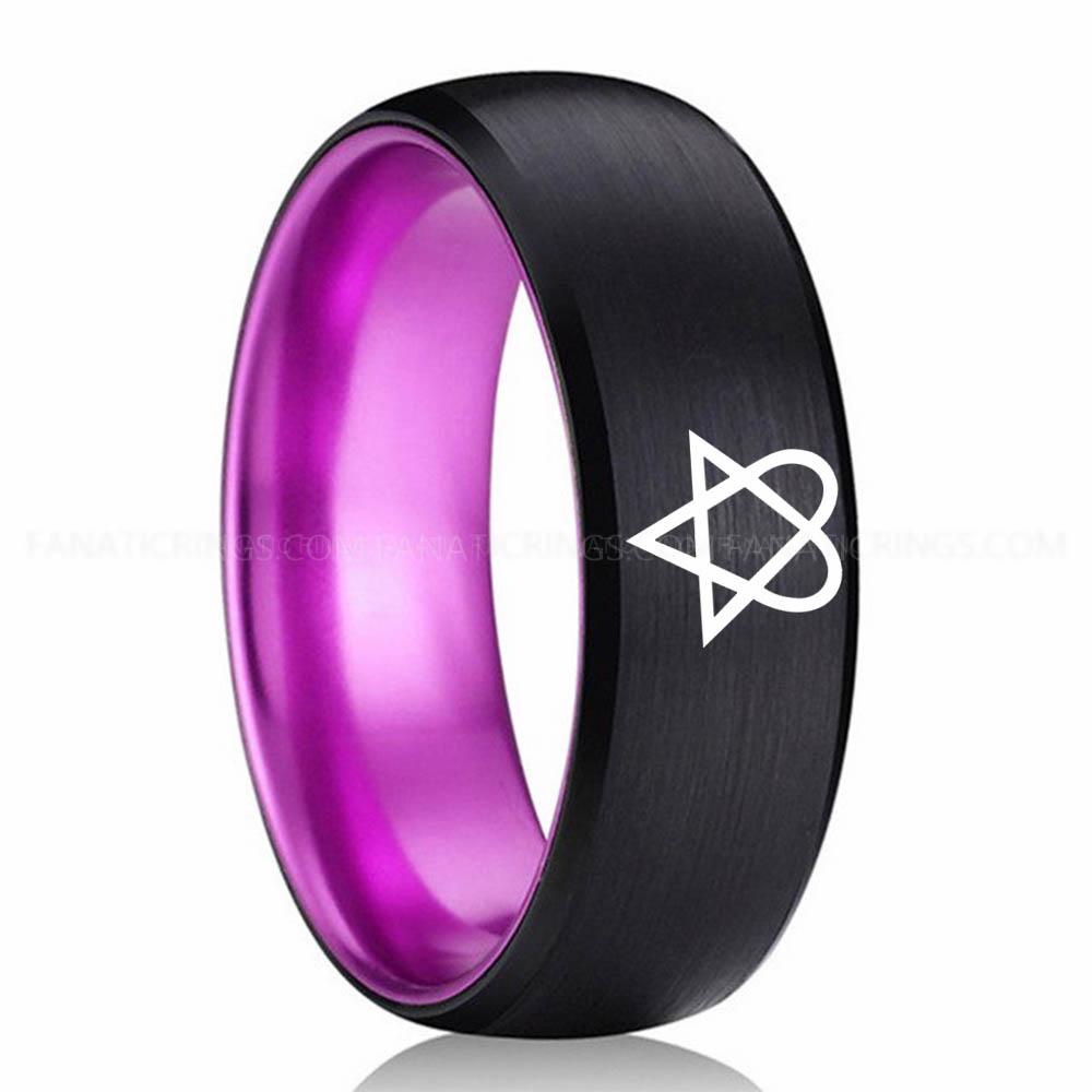 Heartagram Purple Black Heartagram Ring, HIM Ring, HIM Jewelry, Heartagram Wedding Ring, Black Wedding Ring, Heartagram Wedding Band, ECG Ring - Image 1