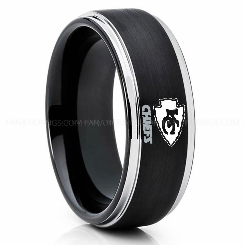 KC Chiefs Silver Black Chiefs Ring, Chiefs Wedding Band, Chiefs Wedding Ring, Chiefs Jewelry - Image 1