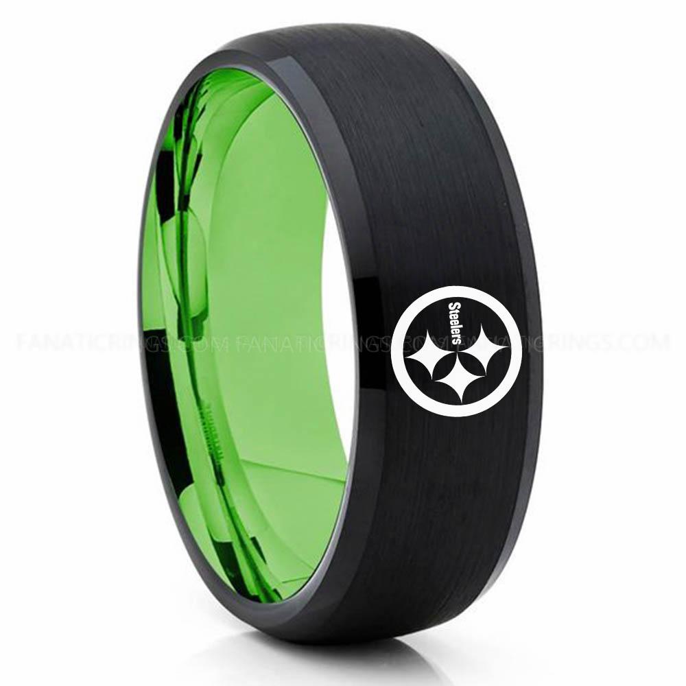 Steelers Black Green Steelers Ring, Steelers Wedding Band, Steelers Wedding Ring, Steelers Jewelry - Image 1