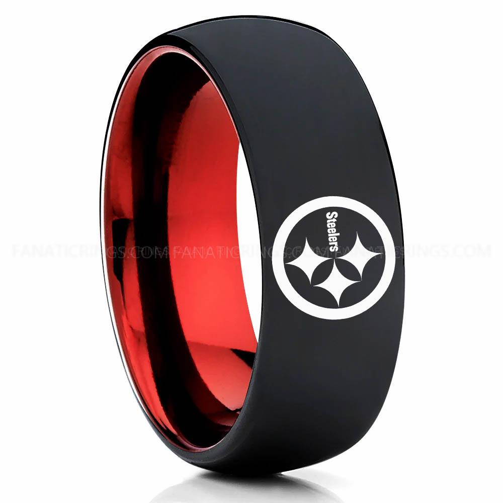 Steelers Black Red Steelers Ring, Steelers Wedding Band, Steelers Wedding Ring, Steelers Jewelry - Image 1
