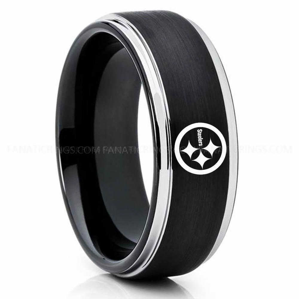 Steelers Silver Black Steelers Ring, Steelers Wedding Band, Steelers Wedding Ring, Steelers Jewelry - Image 1