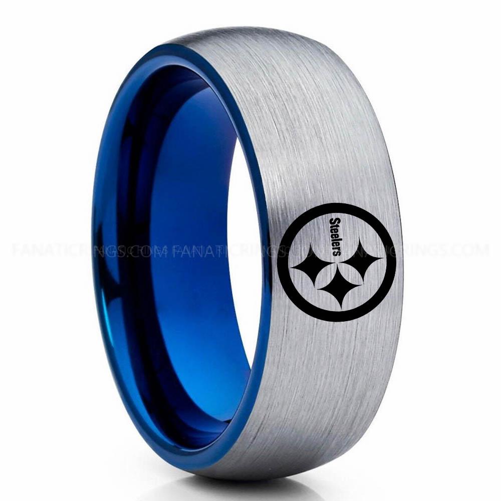 Steelers Silver Blue Steelers Ring, Steelers Wedding Band, Steelers Wedding Ring, Steelers Jewelry - Image 1