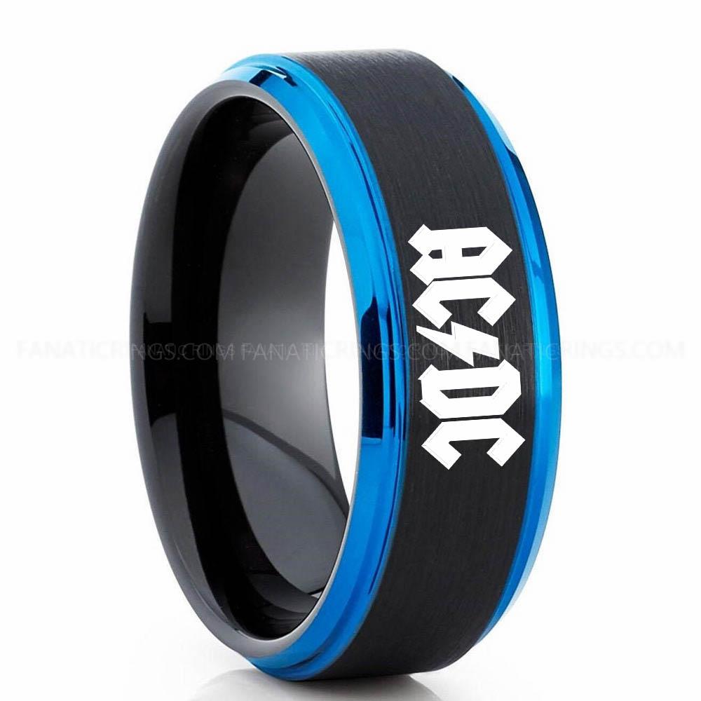ACDC Black Blue 3 AC/DC Ring, AC/DC Wedding Band, AC/DC Wedding Ring, AC/DC Jewelry - Image 1