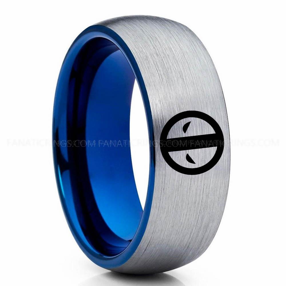Batman 3 Silver Blue Deadpool Ring, Deadpool Wedding Band, Deadpool Wedding Ring, Deadpool Jewelry - Image 1