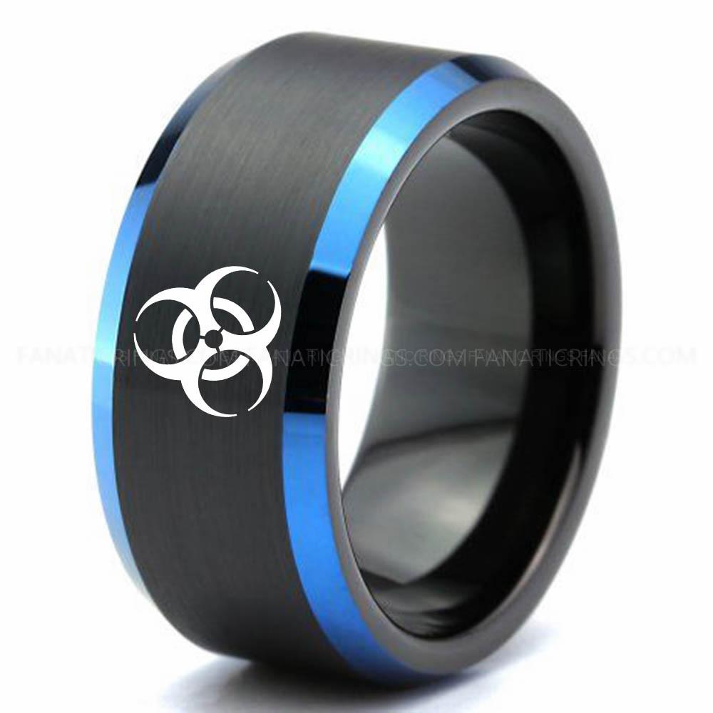 Biohazard Black Blue 2 Biohazard Ring, Biohazard Wedding Band, Biohazard Wedding Ring, Biohazard Jewelry - Image 1