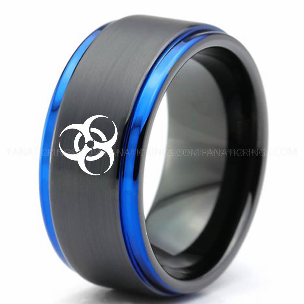 Biohazard Black Blue Biohazard Ring, Biohazard Wedding Band, Biohazard Wedding Ring, Biohazard Jewelry - Image 1