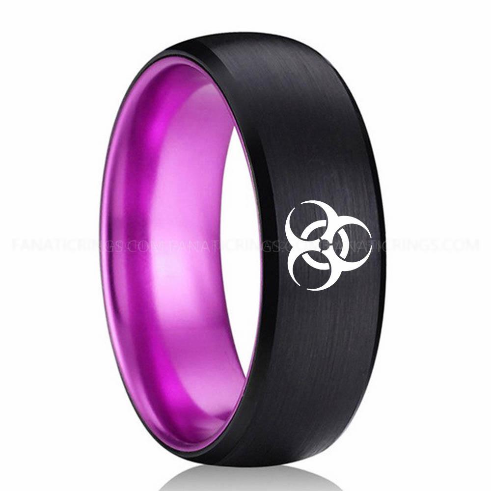 Biohazard Black Purple Biohazard Ring, Biohazard Wedding Band, Biohazard Wedding Ring, Biohazard Jewelry - Image 1