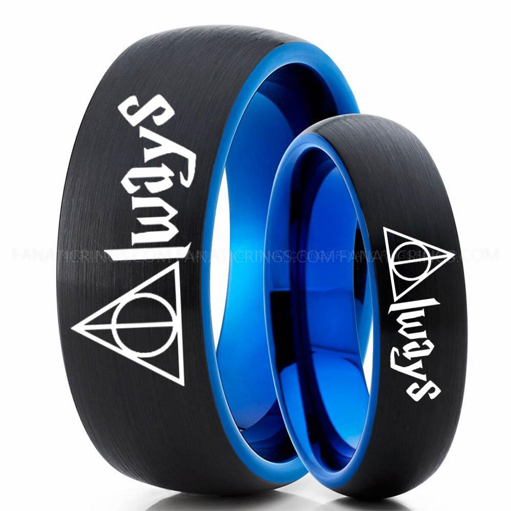 Black Blue 2 Always Deathly Hallows Ring, Deathly Hallows Wedding Ring, Harry Potter Wedding Ring, Deathly Hallows Wedding Band, Harry Potter Jewelry - Image 1