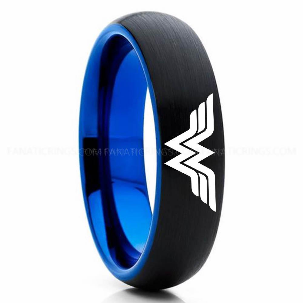 Black Blue Wonder Woman Wonder Woman Ring, Wonder Woman Wedding Ring, Wonder Woman Wedding Band, Black Wedding Ring, Wonder Woman Jewelry - Image 1
