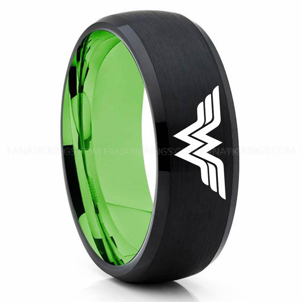 Black Green Wonder Woman Wonder Woman Ring, Wonder Woman Wedding Ring, Wonder Woman Wedding Band, Black Wedding Ring, Wonder Woman Jewelry - Image 1