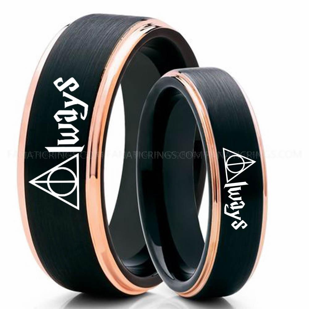 Black Pink 2 Always Deathly Hallows Ring, Deathly Hallows Wedding Ring, Harry Potter Wedding Ring, Deathly Hallows Wedding Band, Harry Potter Jewelry - Image 1