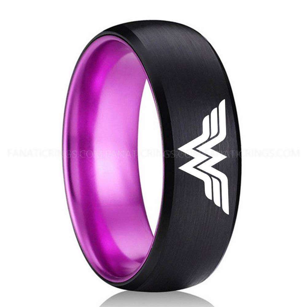 Black Purple 2 Wonder Woman Wonder Woman Ring, Wonder Woman Wedding Ring, Wonder Woman Wedding Band, Black Wedding Ring, Wonder Woman Jewelry - Image 1