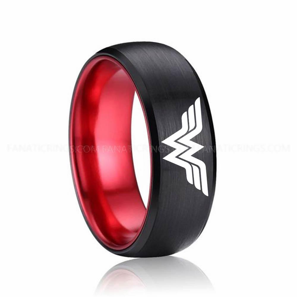 Black Red Wonder Woman Wonder Woman Ring, Wonder Woman Wedding Ring, Wonder Woman Wedding Band, Black Wedding Ring, Wonder Woman Jewelry - Image 1