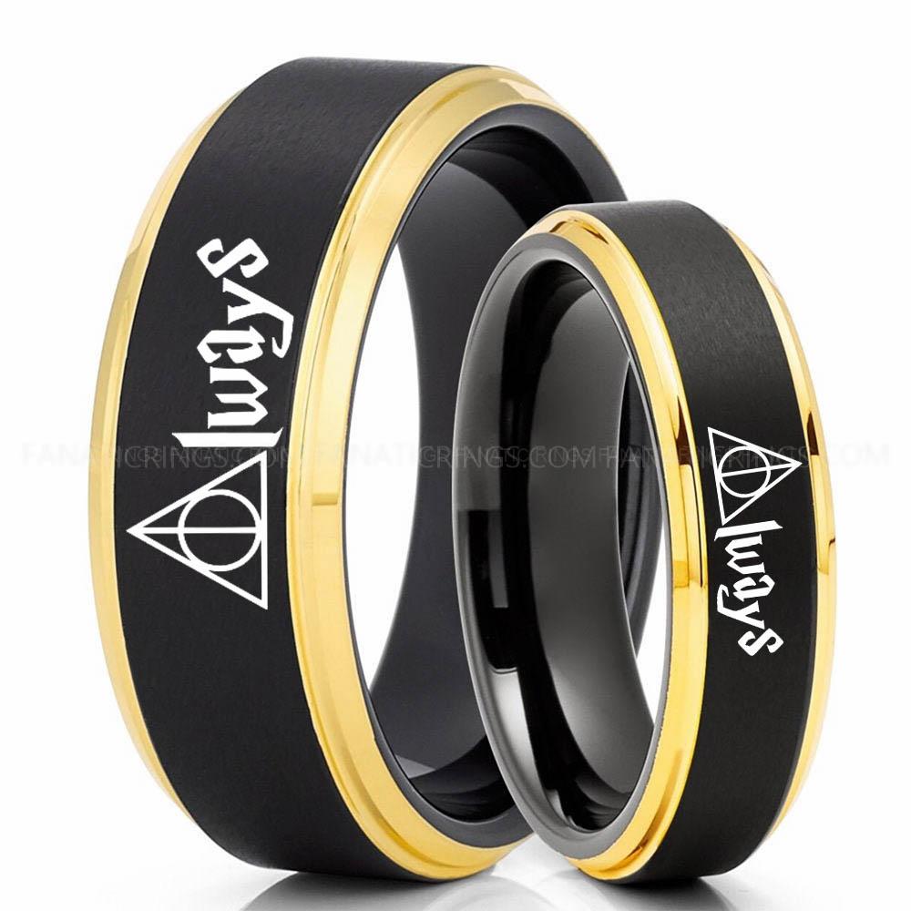 Black Yellow 2 Always Deathly Hallows Ring, Deathly Hallows Wedding Ring, Harry Potter Wedding Ring, Deathly Hallows Wedding Band, Harry Potter Jewelry - Image 1