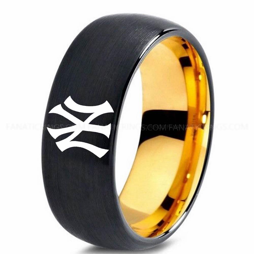 Black Yellow 2 Yankees Yankees Ring, Yankees Wedding Ring, Baseball Wedding Ring, Baseball Ring, Black Wedding Ring, Baseball Wedding Band, Baseball Jewelry - Image 1