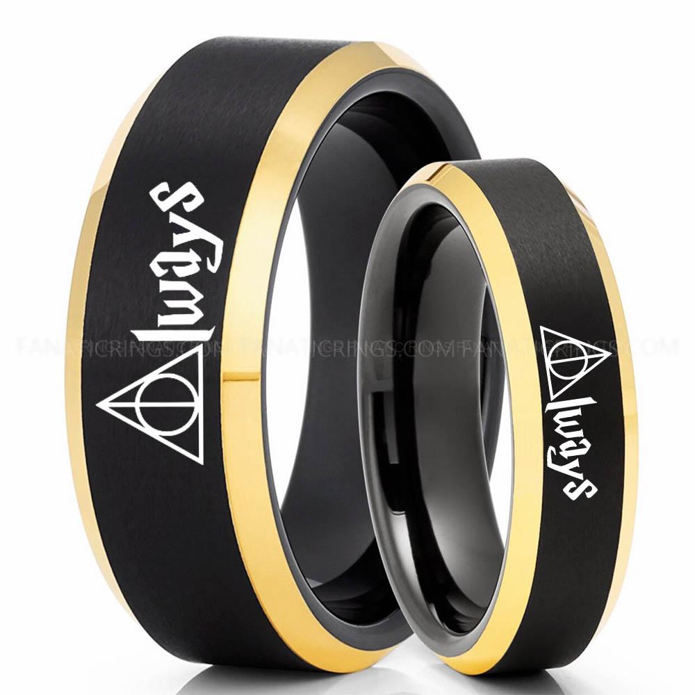 Black Yellow Always Deathly Hallows Ring, Deathly Hallows Wedding Ring, Harry Potter Wedding Ring, Deathly Hallows Wedding Band, Harry Potter Jewelry - Image 1