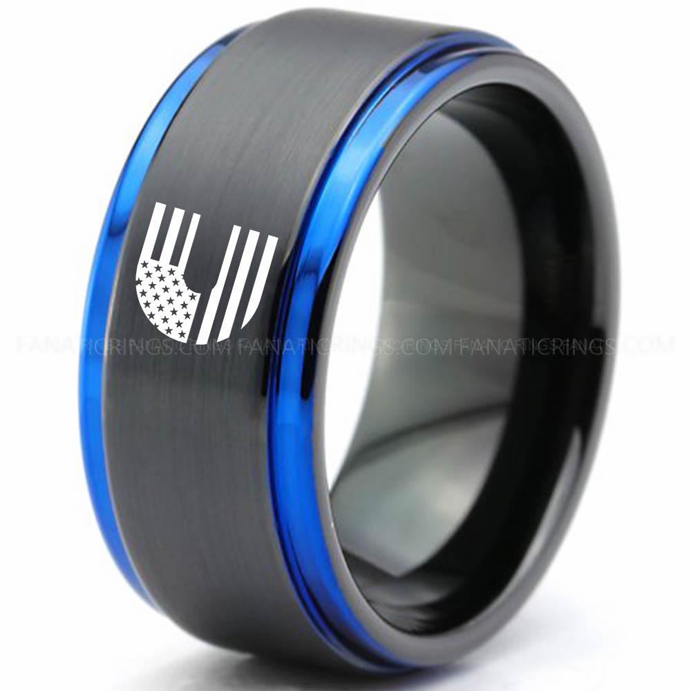CUMMINS 3 Black Blue 2 Cummins Ring, Engine Ring, Trucker Ring, Cummins Wedding Band, Cummins Wedding Ring - Image 1