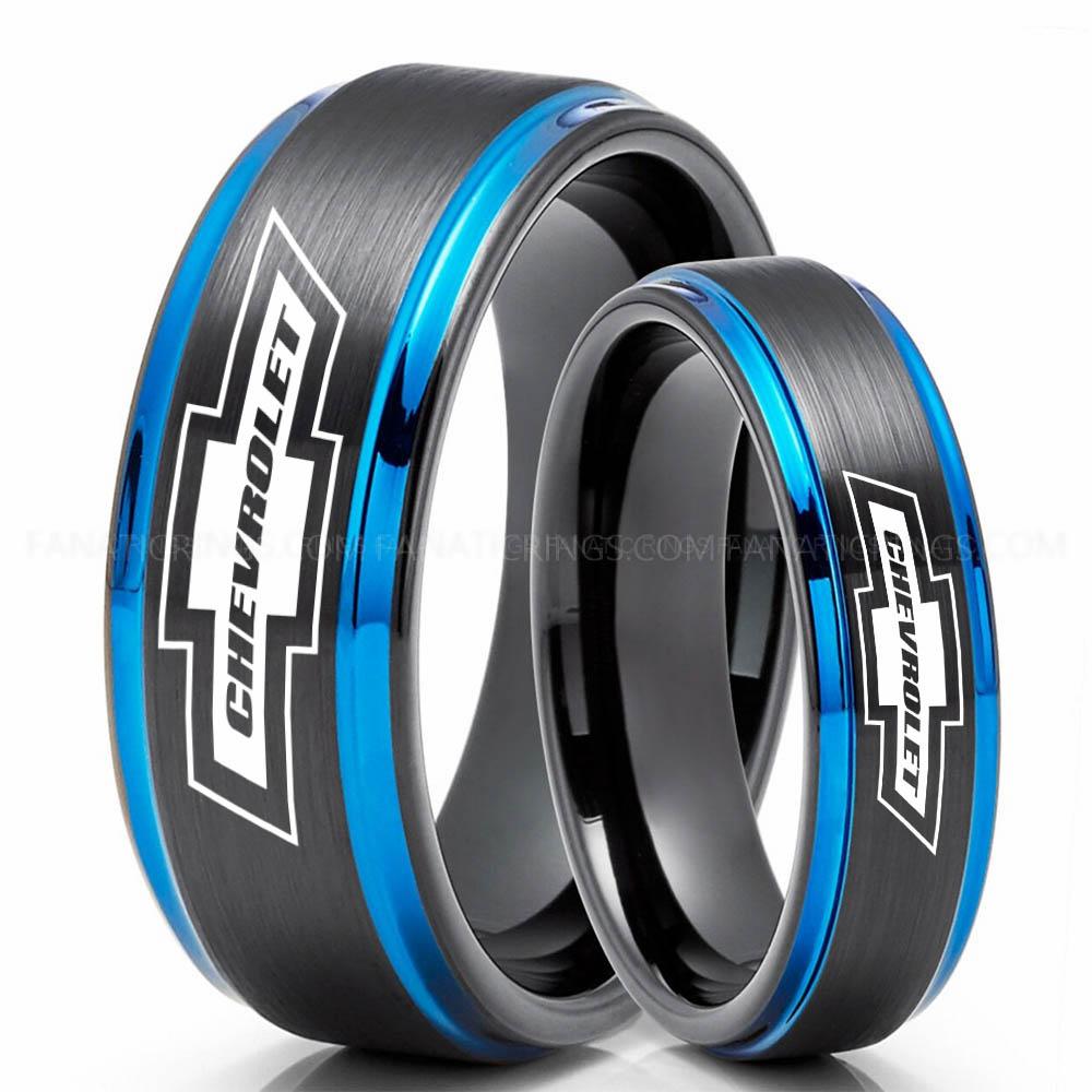 Chevrolet Black Blue (2) Chevy Ring, Chevrolet Ring, Chevy Bowtie Ring, Auto Racing Ring, Chevy Wedding Band, Chevrolet Wedding Ring - Image 1