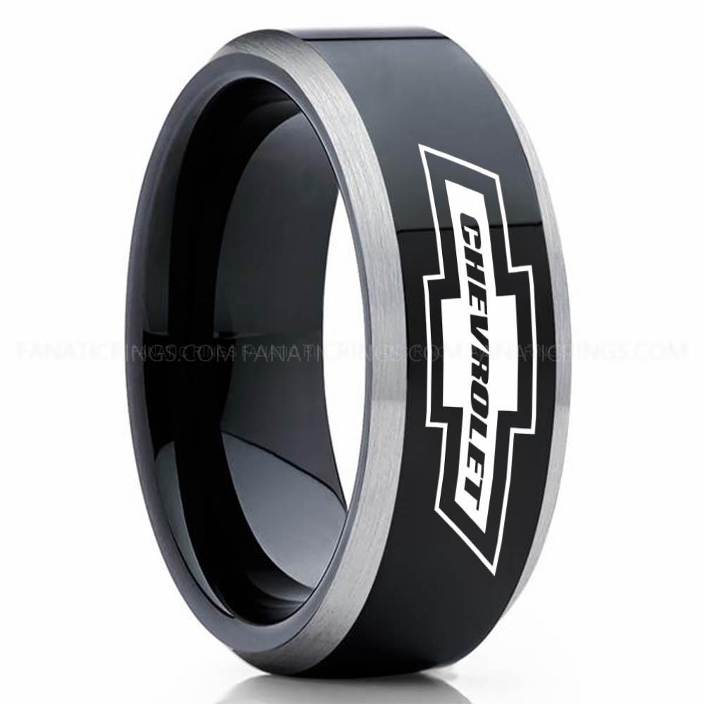 Chevrolet Black Silver (1) Chevy Ring, Chevrolet Ring, Chevy Bowtie Ring, Auto Racing Ring, Chevy Wedding Band, Chevrolet Wedding Ring - Image 1