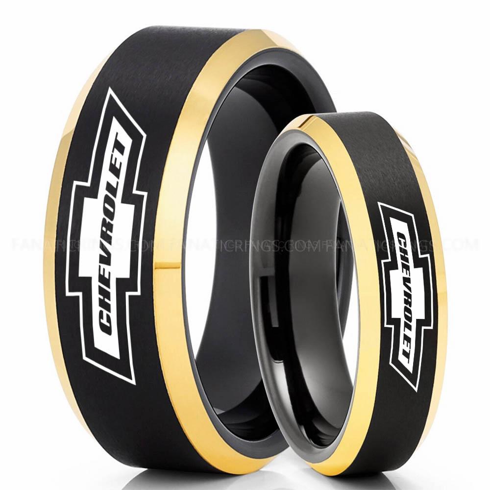 Chevrolet Black Yellow (1) Chevy Ring, Chevrolet Ring, Chevy Bowtie Ring, Auto Racing Ring, Chevy Wedding Band, Chevrolet Wedding Ring - Image 1