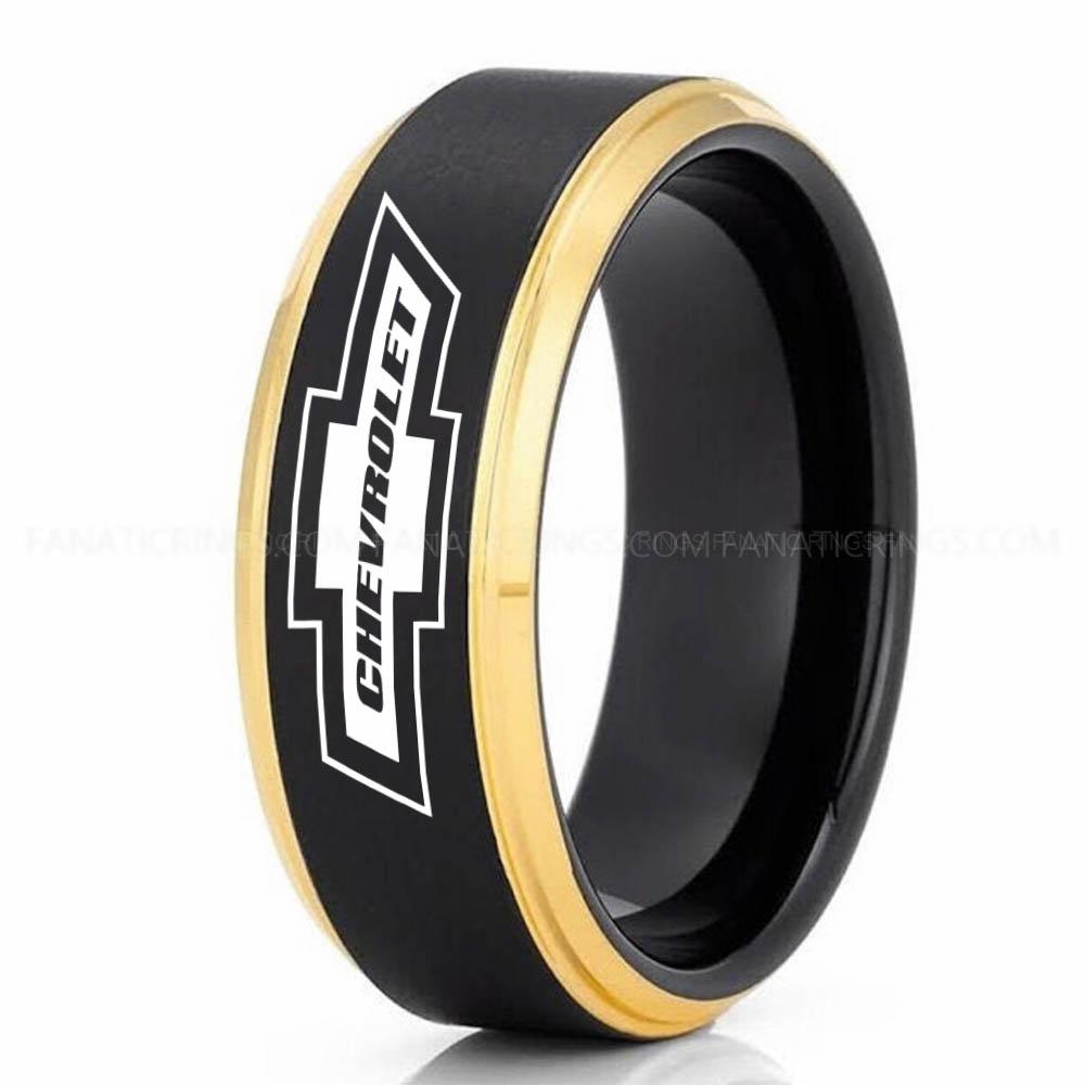 Chevrolet Black Yellow (2) Chevy Ring, Chevrolet Ring, Chevy Bowtie Ring, Auto Racing Ring, Chevy Wedding Band, Chevrolet Wedding Ring - Image 1