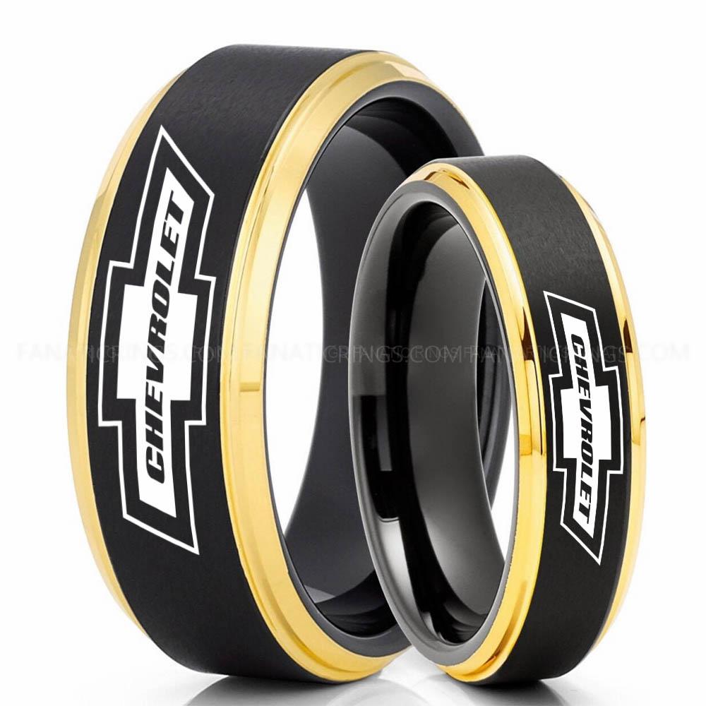 Chevrolet Black Yellow Chevy Ring, Chevrolet Ring, Chevy Bowtie Ring, Auto Racing Ring, Chevy Wedding Band, Chevrolet Wedding Ring - Image 1