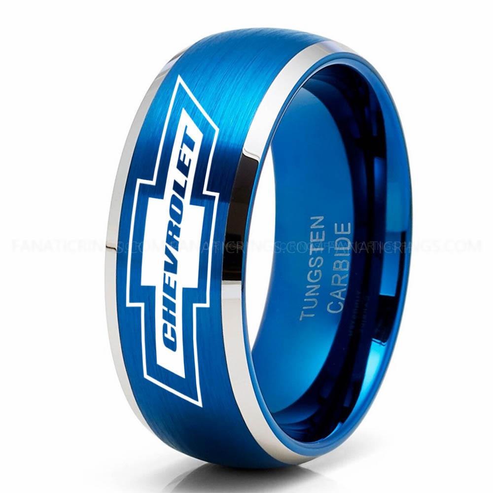 Chevrolet Silver Blue Chevy Ring, Chevrolet Ring, Chevy Bowtie Ring, Auto Racing Ring, Chevy Wedding Band, Chevrolet Wedding Ring - Image 1