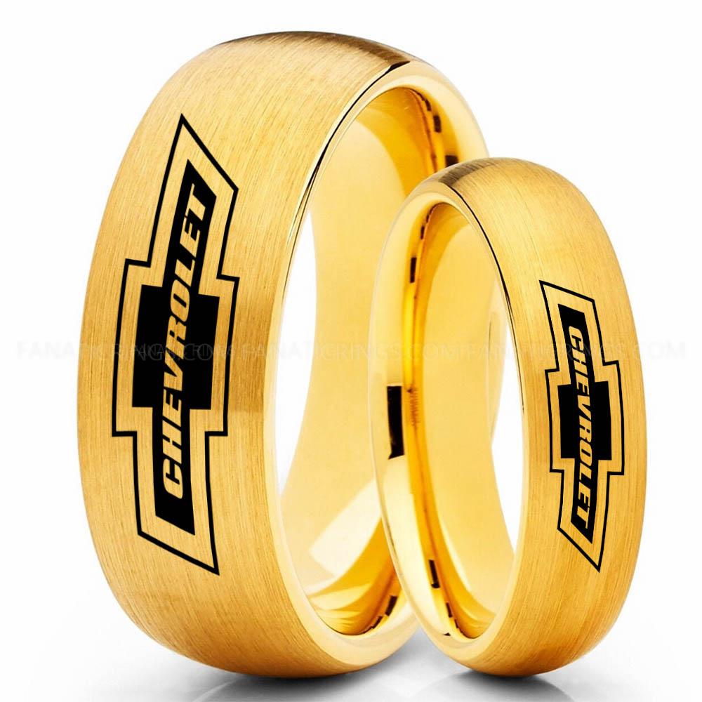 Chevrolet Yellow Chevy Ring, Chevrolet Ring, Chevy Bowtie Ring, Auto Racing Ring, Chevy Wedding Band, Chevrolet Wedding Ring - Image 1