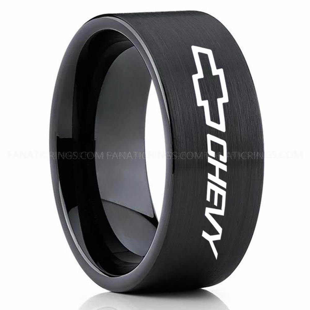 Chevy Black (2) Chevy Ring, Chevrolet Ring, Chevy Bowtie Ring, Auto Racing Ring, Chevy Wedding Band, Chevrolet Wedding Ring - Image 1