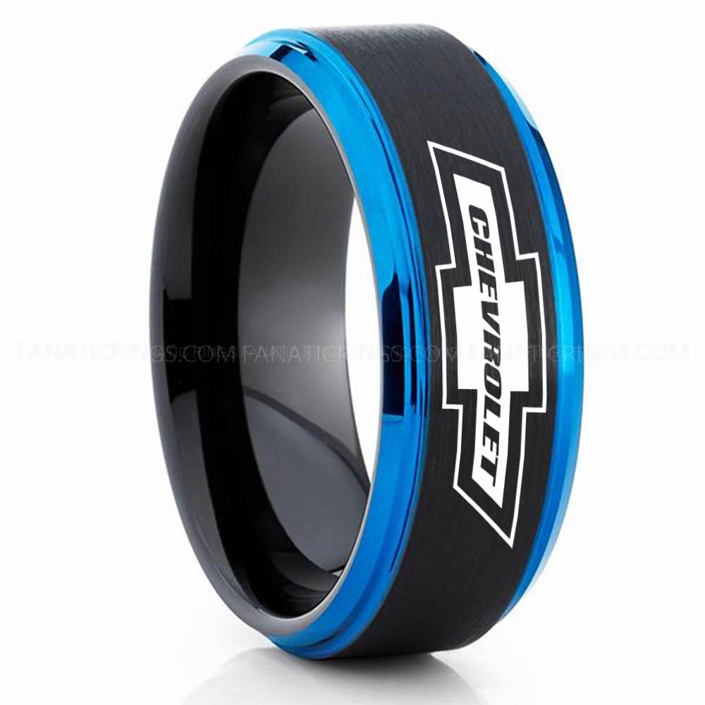 Chevy Black Blue (1) Chevy Ring, Chevrolet Ring, Chevy Bowtie Ring, Auto Racing Ring, Chevy Wedding Band, Chevrolet Wedding Ring - Image 1
