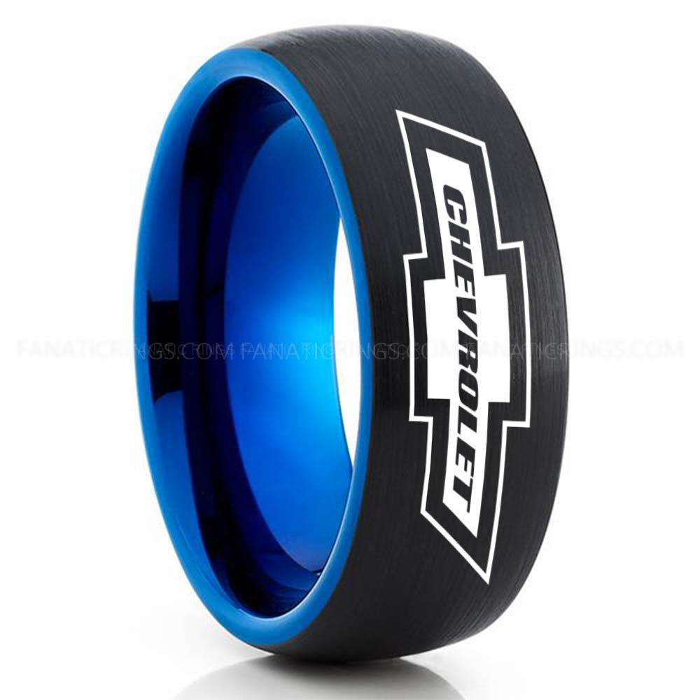 Chevy Black Blue (2) (1) Chevy Ring, Chevrolet Ring, Chevy Bowtie Ring, Auto Racing Ring, Chevy Wedding Band, Chevrolet Wedding Ring - Image 1