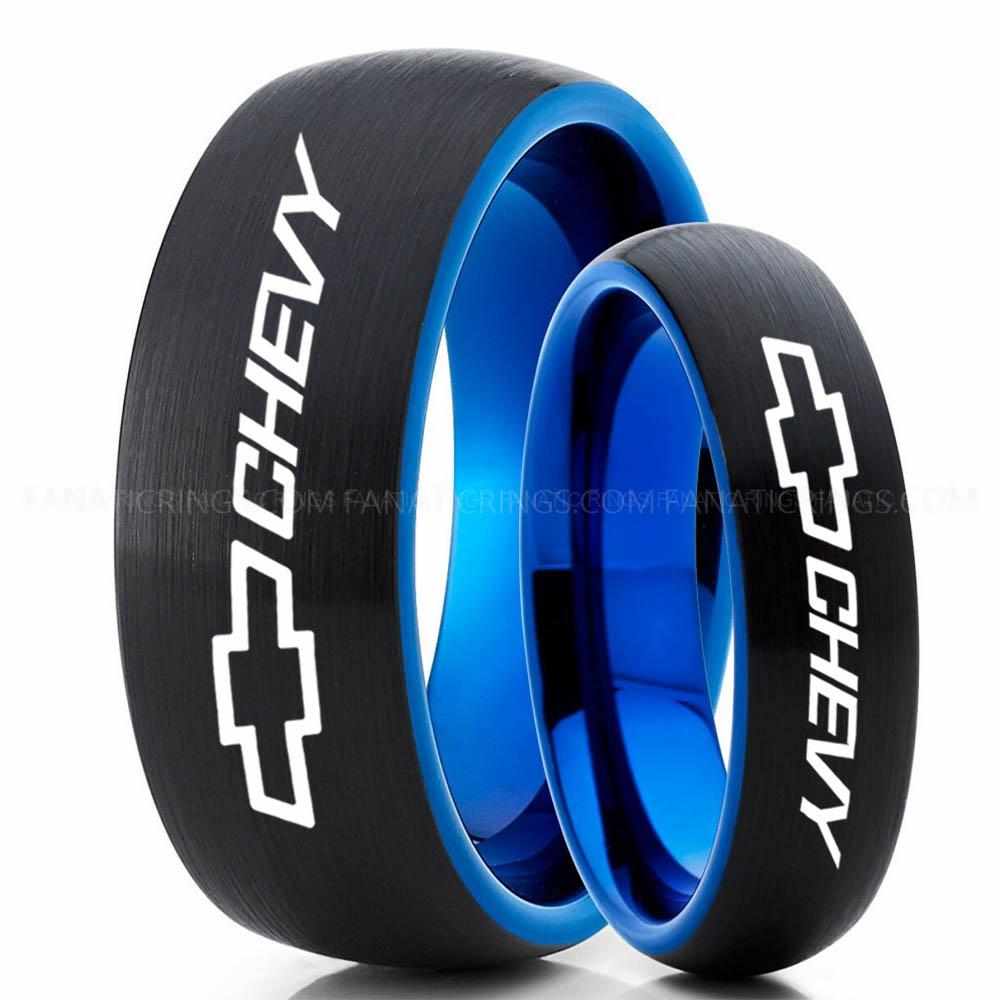 Chevy Black Blue (3) Chevy Ring, Chevrolet Ring, Chevy Bowtie Ring, Auto Racing Ring, Chevy Wedding Band, Chevrolet Wedding Ring - Image 1