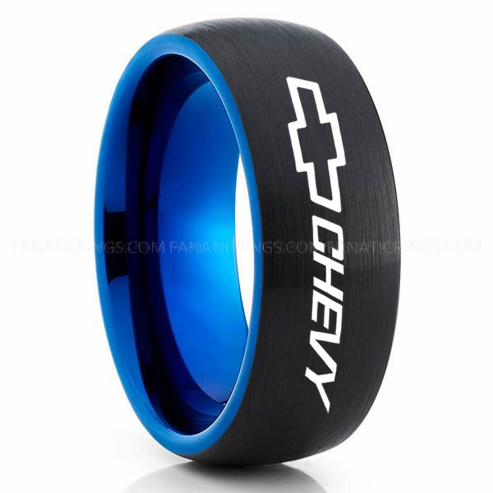 Chevy Black Blue (4) Chevy Ring, Chevrolet Ring, Chevy Bowtie Ring, Auto Racing Ring, Chevy Wedding Band, Chevrolet Wedding Ring - Image 1