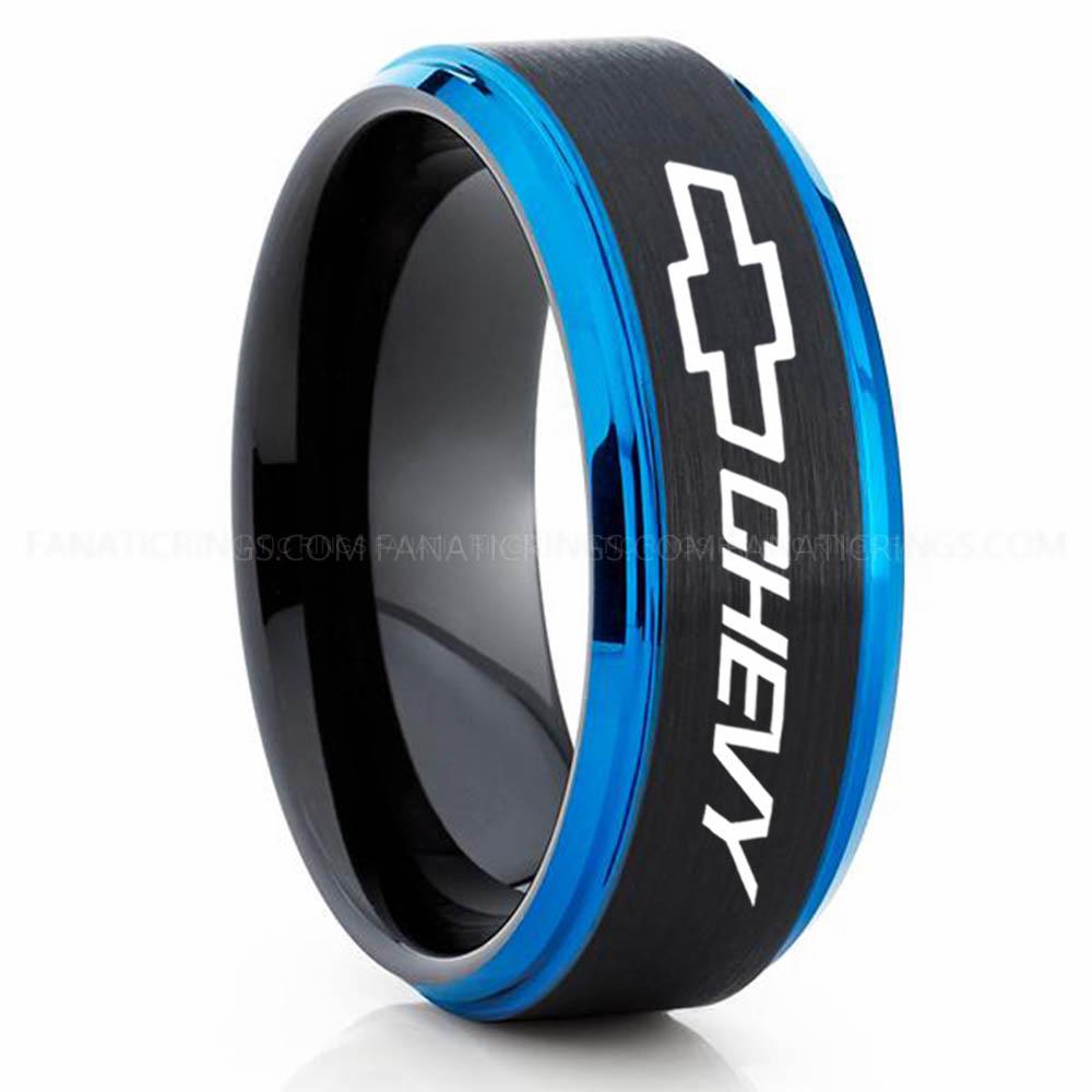 Chevy Black Blue (5) Chevy Ring, Chevrolet Ring, Chevy Bowtie Ring, Auto Racing Ring, Chevy Wedding Band, Chevrolet Wedding Ring - Image 1