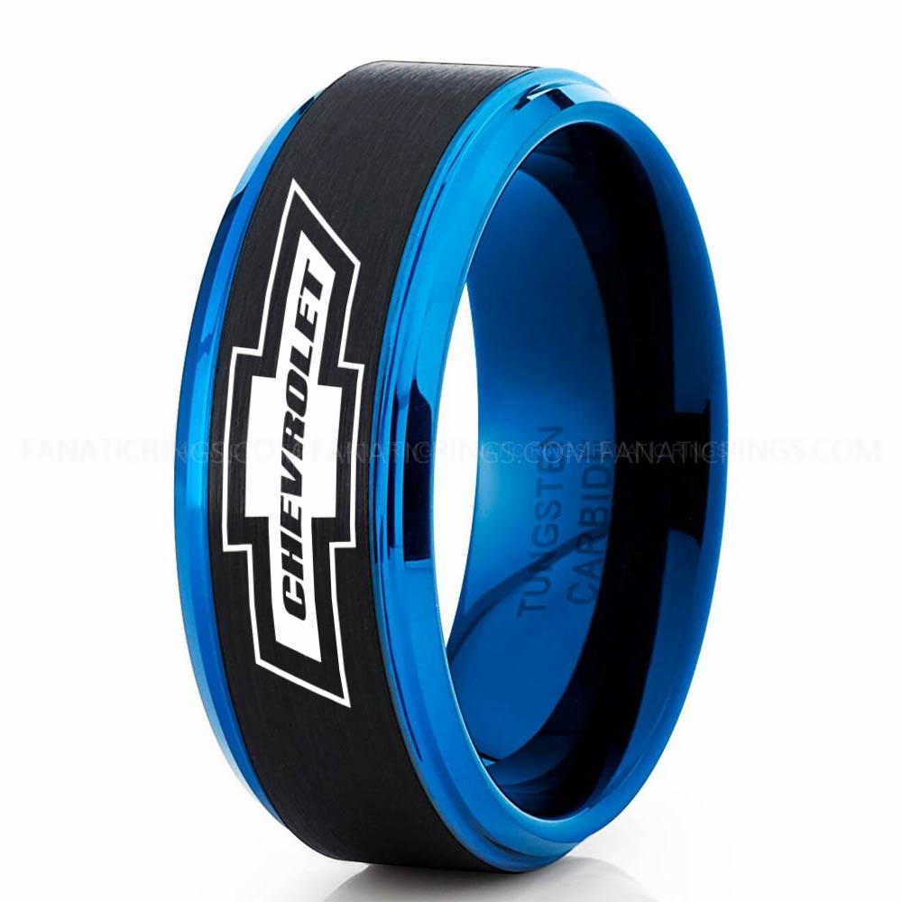 Chevy Black Blue (6) Chevy Ring, Chevrolet Ring, Chevy Bowtie Ring, Auto Racing Ring, Chevy Wedding Band, Chevrolet Wedding Ring - Image 1