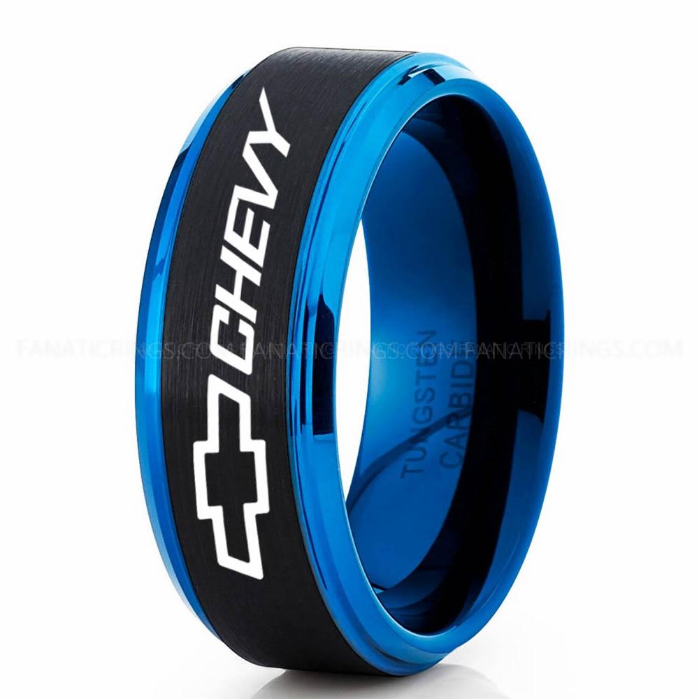 Chevy Black Blue Chevy Ring, Chevrolet Ring, Chevy Bowtie Ring, Auto Racing Ring, Chevy Wedding Band, Chevrolet Wedding Ring - Image 1