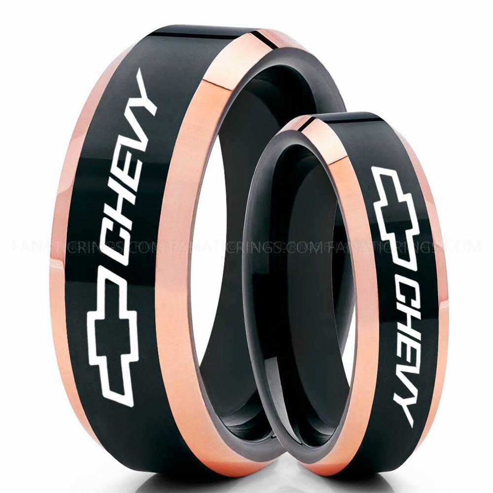 Chevy Black Pink Couple (4) Chevy Ring, Chevrolet Ring, Chevy Bowtie Ring, Auto Racing Ring, Chevy Wedding Band, Chevrolet Wedding Ring - Image 1