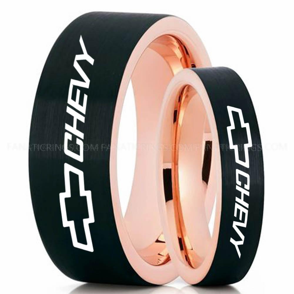 Chevy Black Pink Couple Chevy Rings, Chevrolet Rings, Chevy Bowtie Rings, Auto Racing Rings, Chevy Wedding Bands, Chevrolet Wedding Rings - Image 1