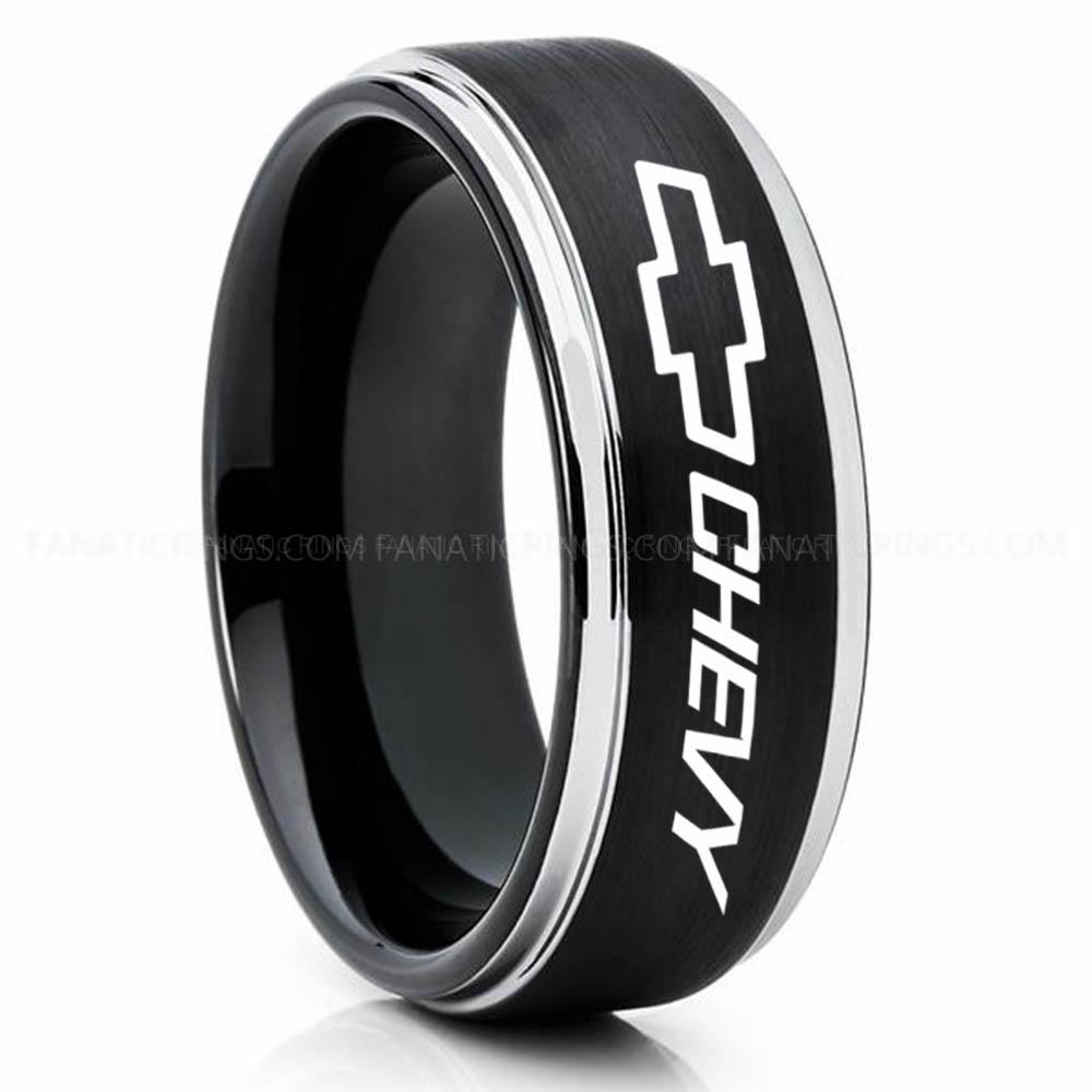 Chevy Black Silver (2) Chevy Ring, Chevrolet Ring, Chevy Bowtie Ring, Auto Racing Ring, Chevy Wedding Band, Chevrolet Wedding Ring - Image 1